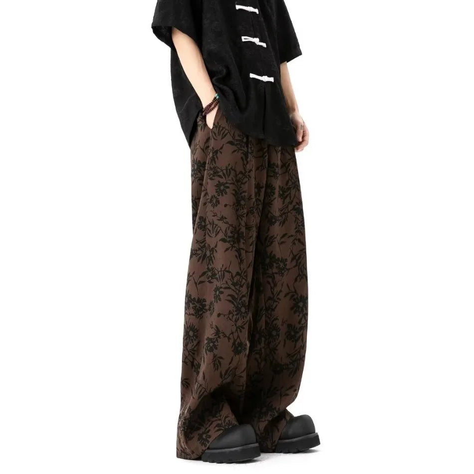 Retro Japanese Style Printed Wide Leg Pants