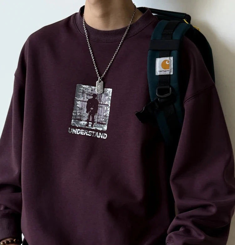 Versatile Loose Fit Round Neck Print Sweatshirt