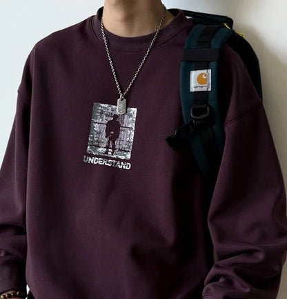Versatile Loose Fit Round Neck Print Sweatshirt
