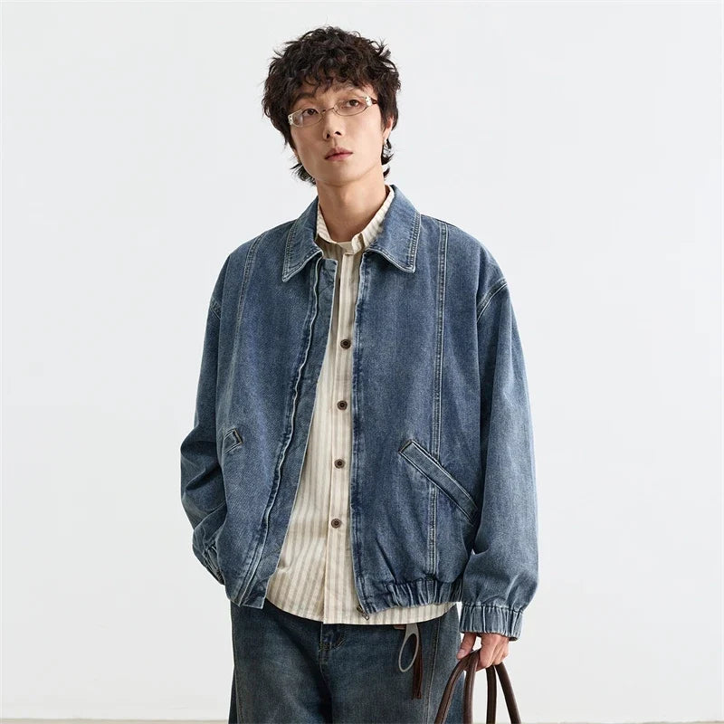 American Style Zipper Turn Down Collar Denim Jacket