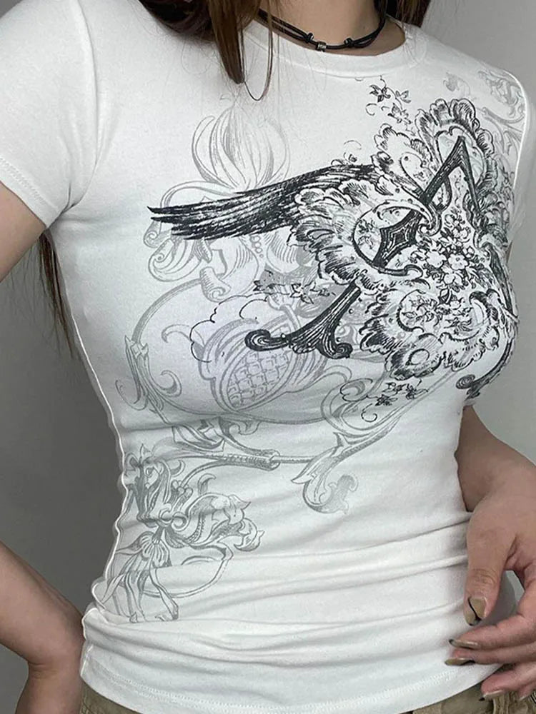 Model wearing the white Y2K Graphic Crop T-Shirt