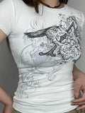 Model wearing the white Y2K Graphic Crop T-Shirt