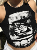 Model wearing the black Graphic Print Sleeveless Crop Top