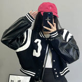 Punk Style Black White Leather Varsity Jacket