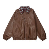 Women Reversible Bouble Face Plaid Biker Leather Jacket