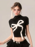 Women Retro Vintage Gothic Bow Print Crop T-Shirt