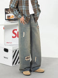 Vintage Flex Waist Patch Ripped Straight Leg Jeans