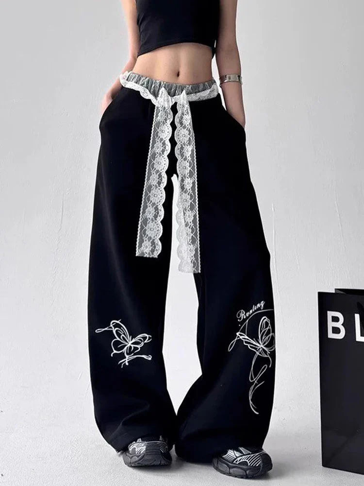 Y2K Vintage Butterfly Cool Lace Patchwork Sweatpants