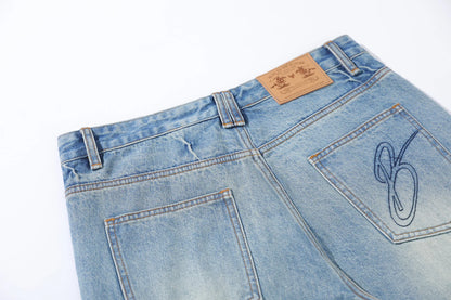 Vintage Washed Diagonal Placket Button Jeans