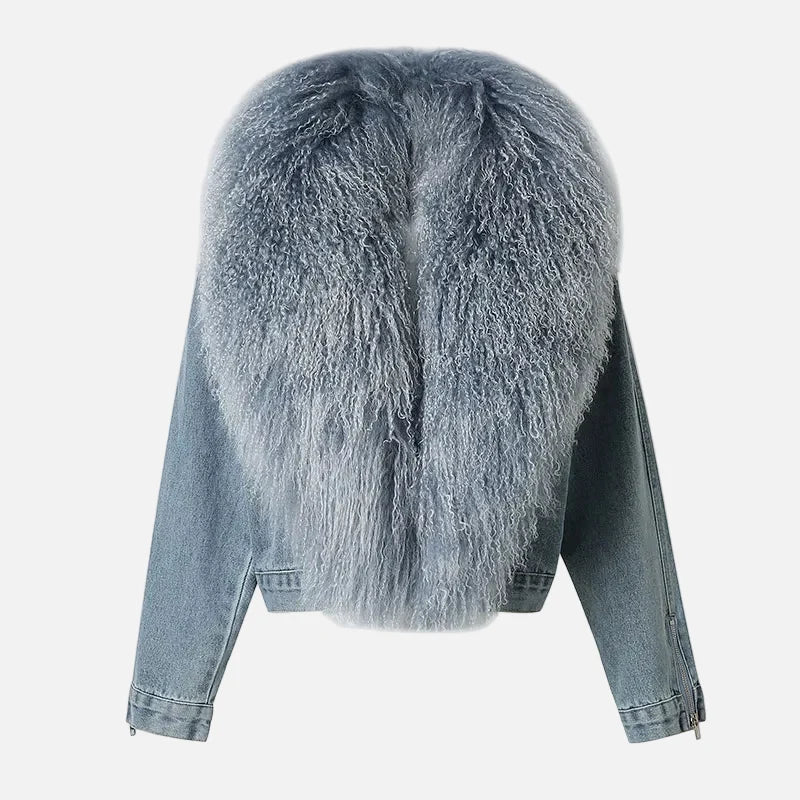 Stylish Mongolian Faux Fur Collar Denim Jacket