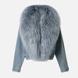 Stylish Mongolian Faux Fur Collar Denim Jacket