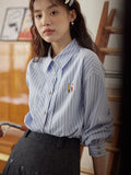 Women Classic Chic Vintage Striped Embroidered Shirt
