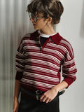 Streetwear Vintage Striped Knitted Polo Collar T-Shirt