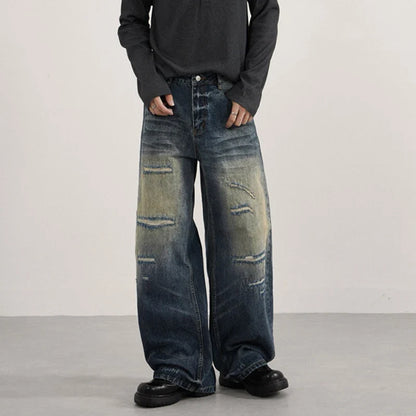 Patchwork Distressed Wide Leg Washing Denim Jeans