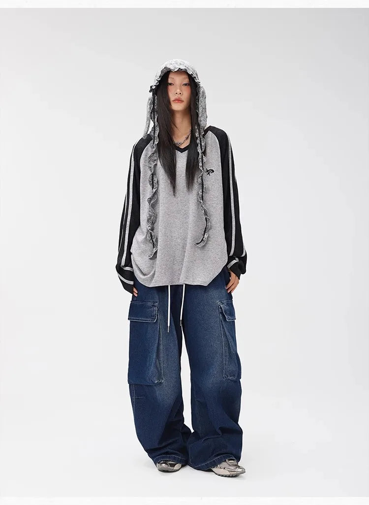 Black and Gray Contrast Color Long Sweatshirt