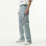 Butterfly Snake Embroidery Straight Denim Pants