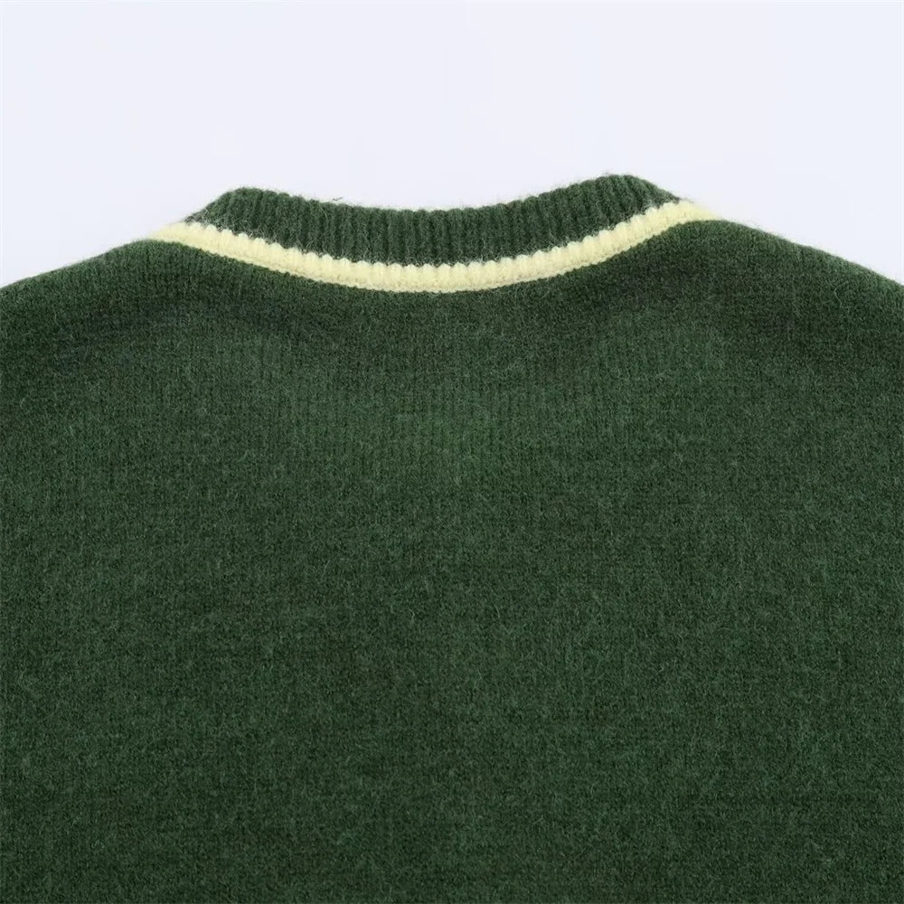 Contrast Color Round Neck Long Sleeve Knit Cardigan