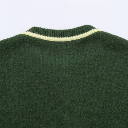 Contrast Color Round Neck Long Sleeve Knit Cardigan