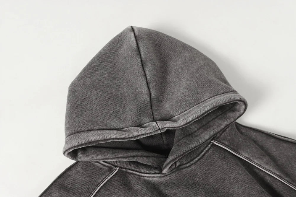Washed Distressed Front Pocket Spliced Hoodie