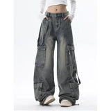 Women Gray High Waist Wide Leg Blue Baggy Jeans