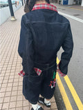Women Retro Embroidered Plaid Denim Jacket