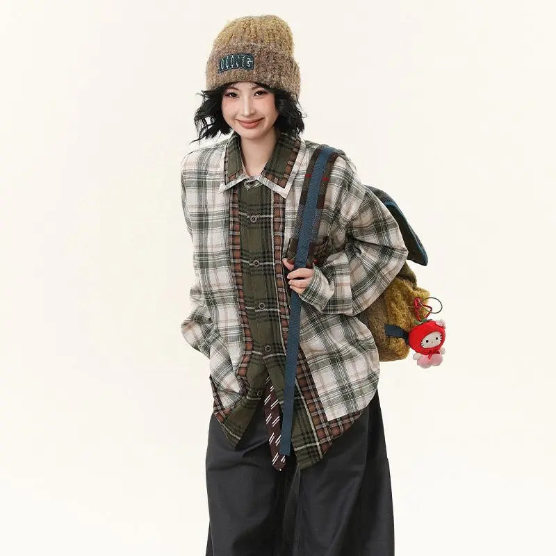 Checkered Patchwork Long Sleeve Shirt