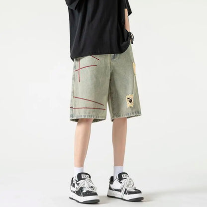 Stylish Spliced Button Zipper Ripped Shorts