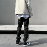 Black Gray American Style Embroidered Stacked Jeans