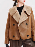Women Warm Shearling Double Breasted Aviator Leather Jacket