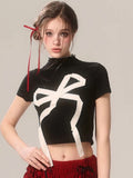 Women Retro Vintage Gothic Bow Print Crop T-Shirt