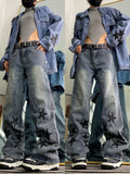 Embroidered Star Straight Leg Blue Jeans