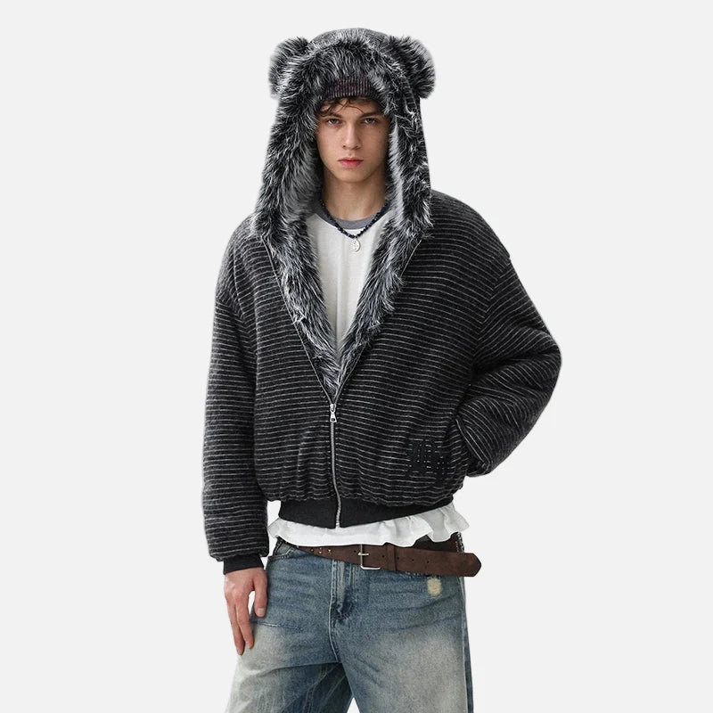 Brushed Striped Rabbit Faux Fur Hooded Jacket