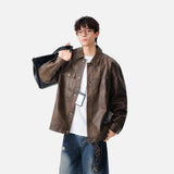 Trendy Faux Leather Lapel Button Jacket