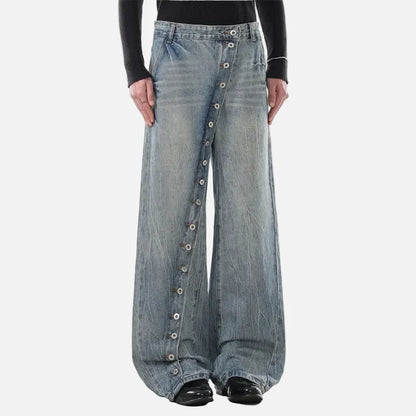 Vintage Washed Diagonal Placket Button Jeans