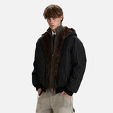 Chic Stripe Leopard Print Faux Fur Hooded Jacket
