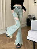 Women High Waist Tassel Denim Flare Jeans