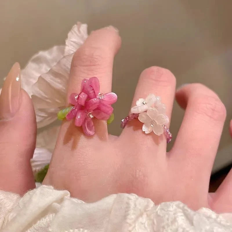 Elegant Floral Glass Bead Stretch Ring