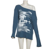 Vintage Graphic Printing Skew Collar Sweater