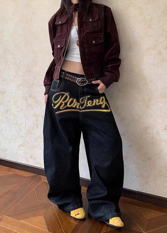 Y2K Korean Style Letter Print Denim Jeans