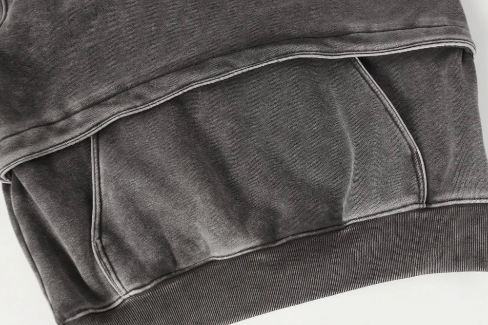 Washed Distressed Front Pocket Spliced Hoodie