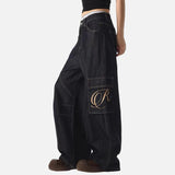 Streetwear Dark Blue Y2K Wash Wide Leg Cargo Jeans