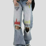 Trendy Blue Washed Ripped Straight Leg Jeans