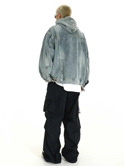 Breathable Patchwork Blue Wash Denim Hoodie