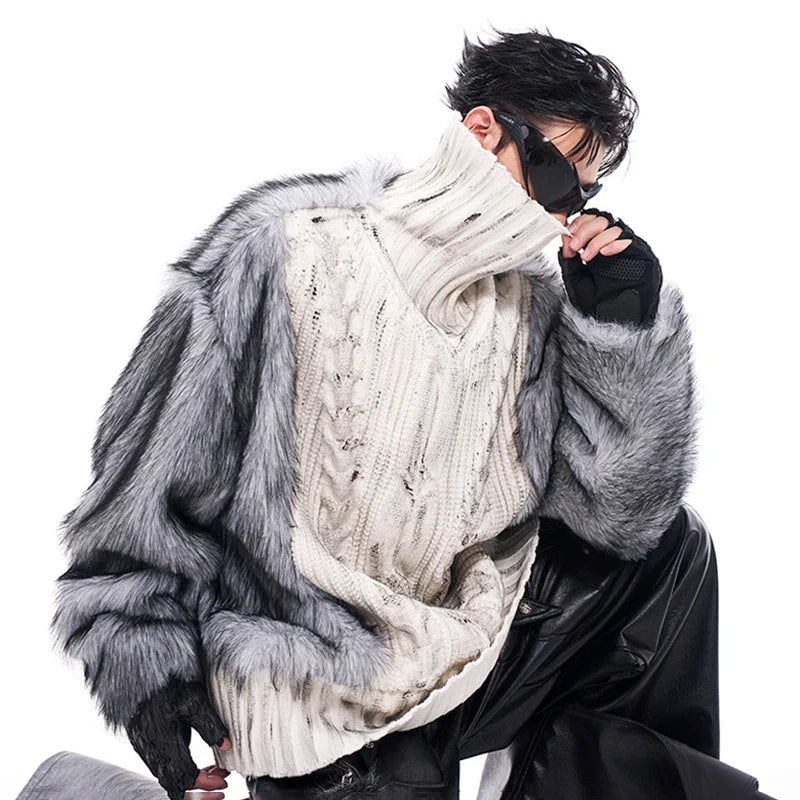 Luxurious Imitation Fur Patchwork High Neck Sweater