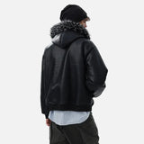 Gothic Letter Faux Fur Hooded Leather Jacket