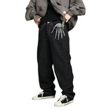 Skeleton Hand Embroidery Denim Pants