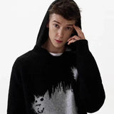 Colorful Japanese Cat Print Knit Hoodie