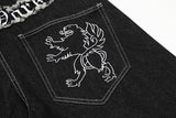 Ripped Lion Embroidery Black Denim Shorts