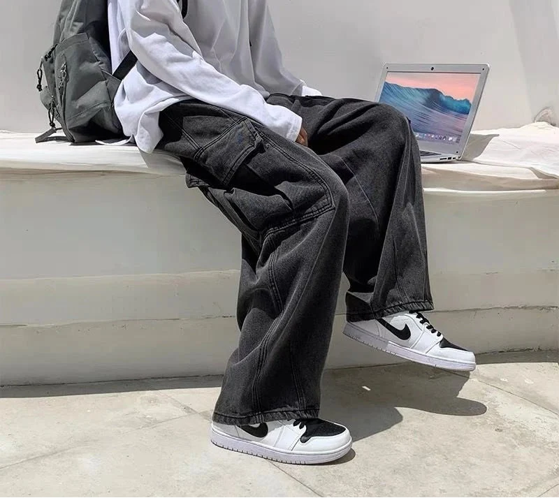 Handsome Retro Wide Leg Denim Cargo Jeans