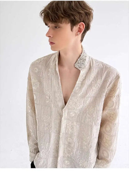 Luxury Pearl Patchwork Long Sleeve Shirt